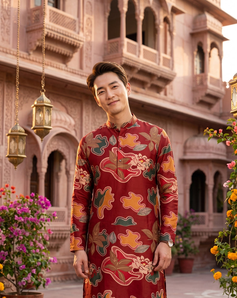 Men's Red Abstract Floral Printed Viscose Rayon Kurta 3