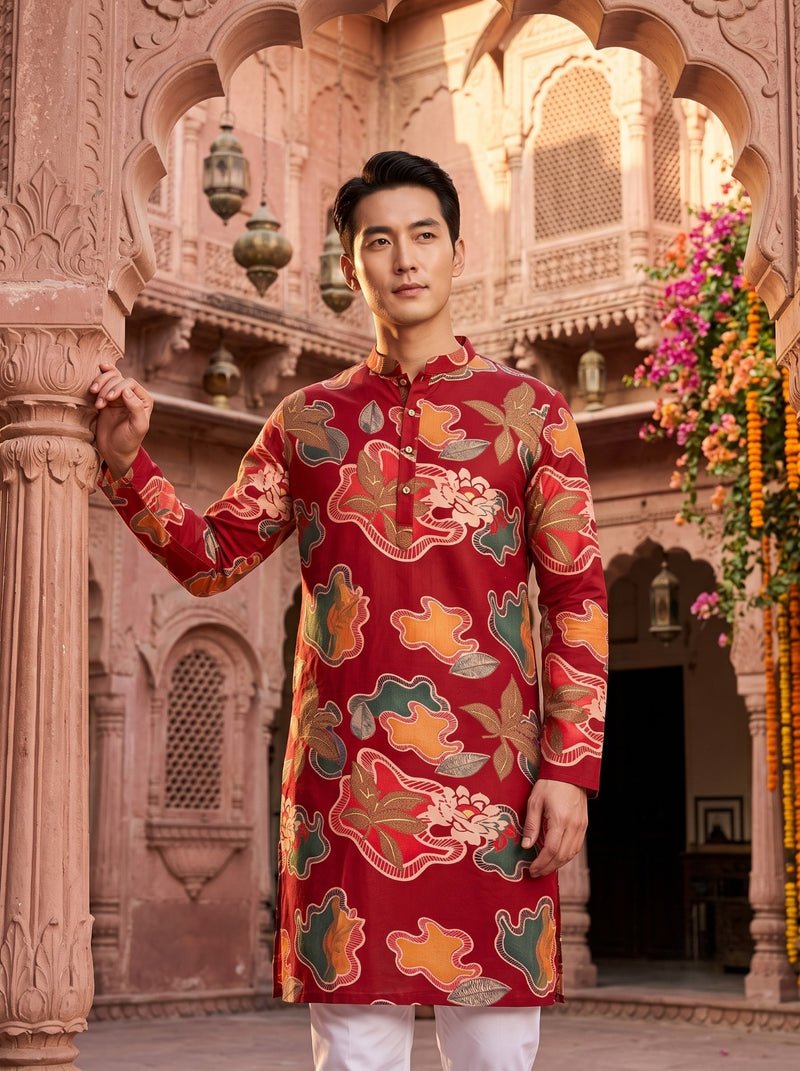 Men's Red Abstract Floral Printed Viscose Rayon Kurta 8