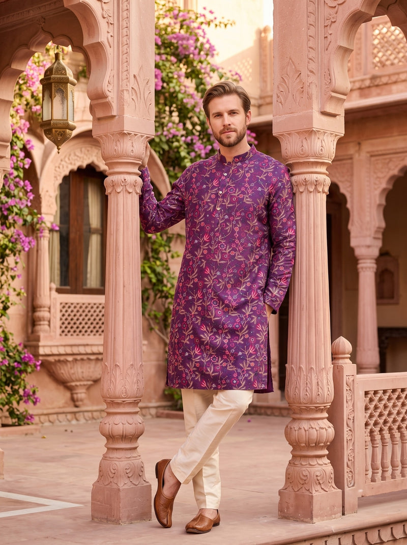 Men's Purple All-Over Floral Embroidered Cotton Blend Kurta 5