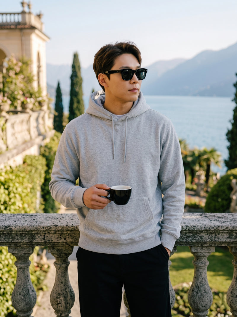 Men's Light Grey Marl 100% Cotton Pullover Hoodie 8