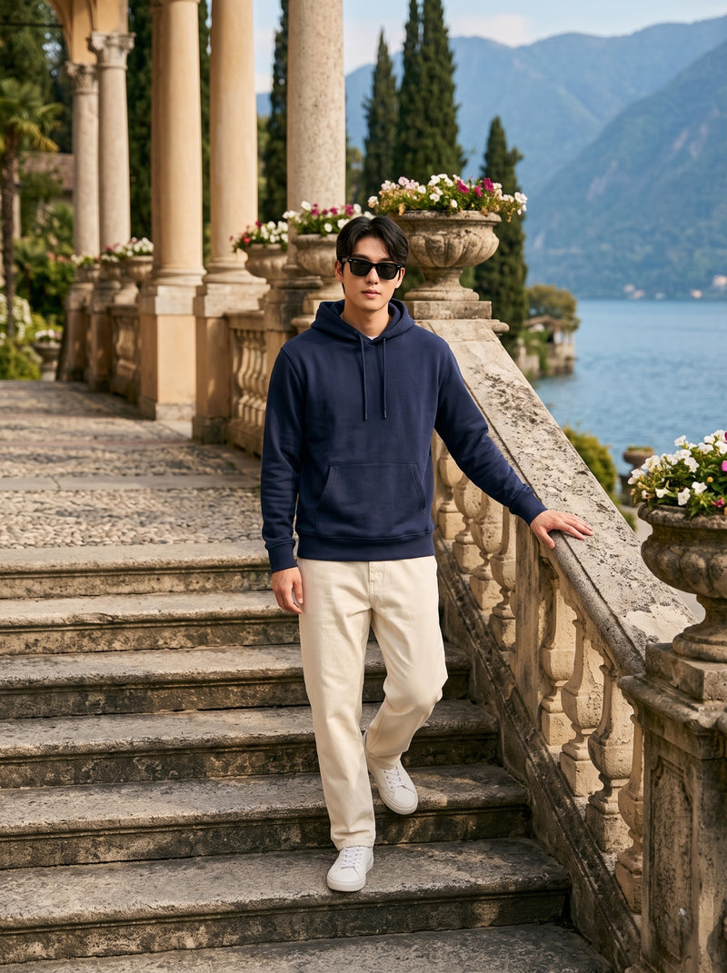 Men's Navy Blue 100% Cotton Pullover Hoodie 6