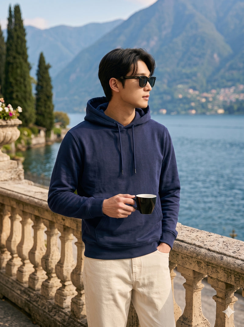 Men's Navy Blue 100% Cotton Pullover Hoodie 8