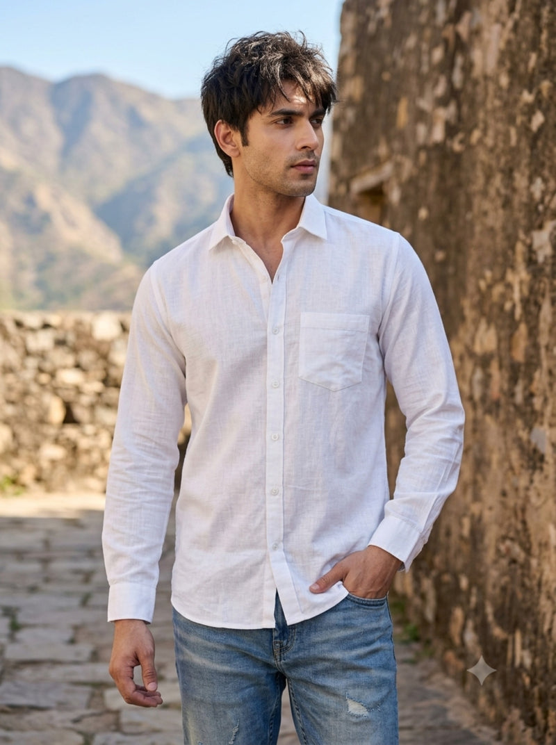 TryBuy Men's Solid White Linen Shirt – Full Sleeve Button-Down 5