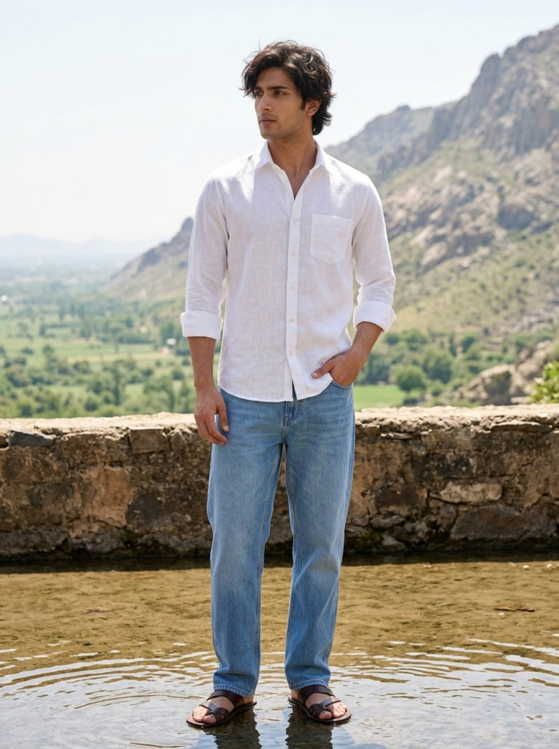 TryBuy Men's Solid White Linen Shirt – Full Sleeve Button-Down 1