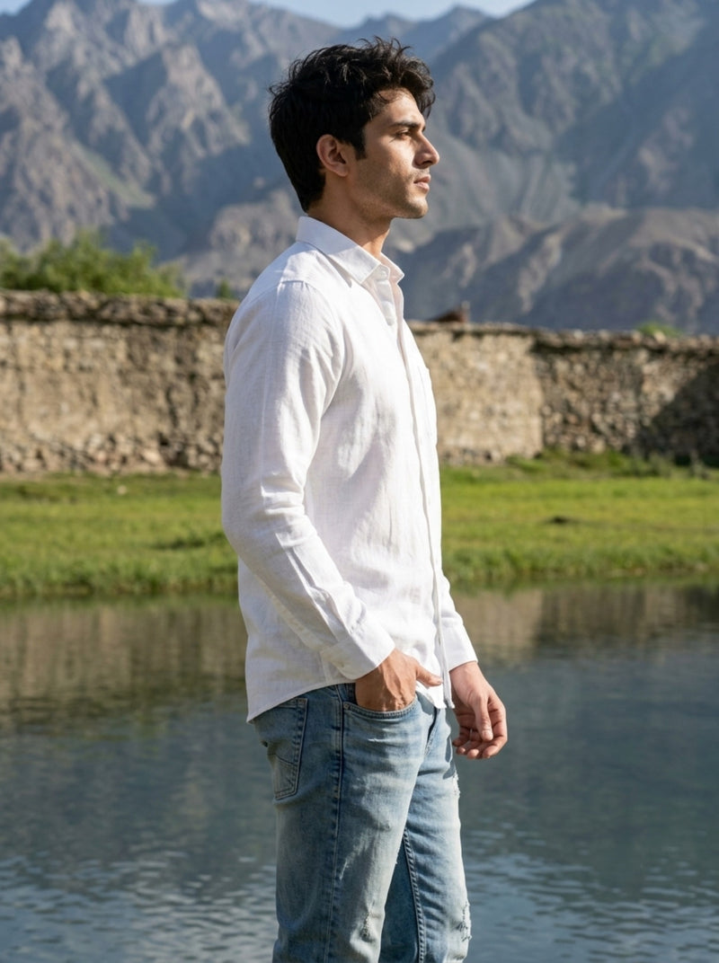 TryBuy Men's Solid White Linen Shirt – Full Sleeve Button-Down 2