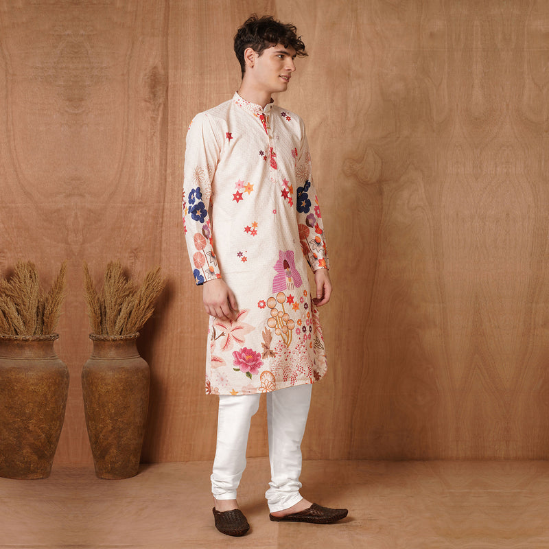 Men’s Beige Multicolor Floral Printed Kurta 8