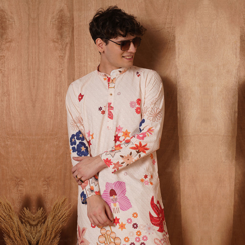 Men’s Beige Multicolor Floral Printed Kurta 1