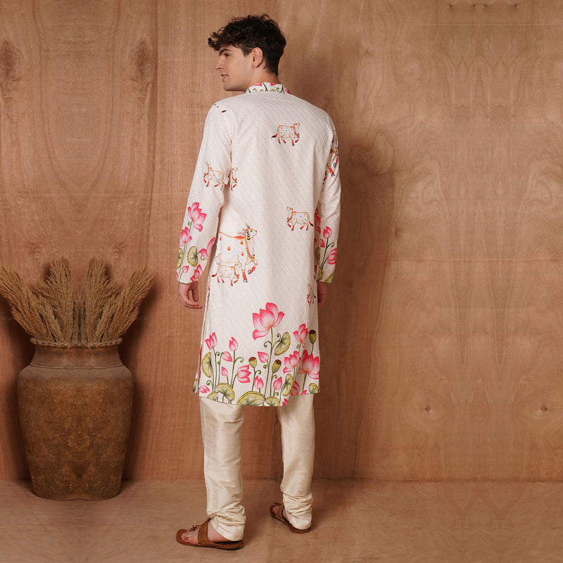 Men’s Cream Chikankari Cow & Lotus Print Kurta 4
