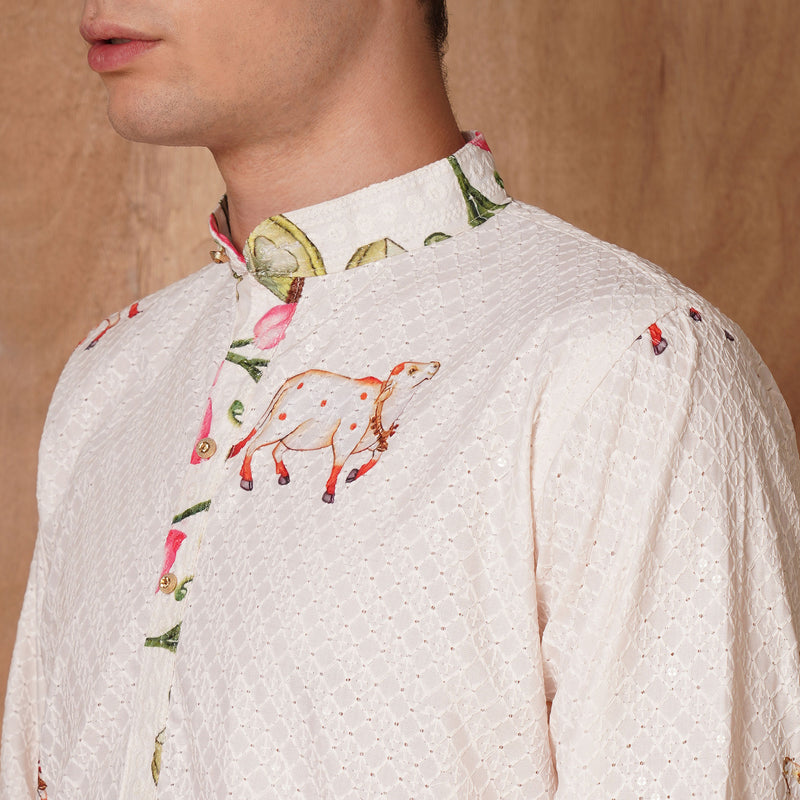 Men’s Cream Chikankari Cow & Lotus Print Kurta 8