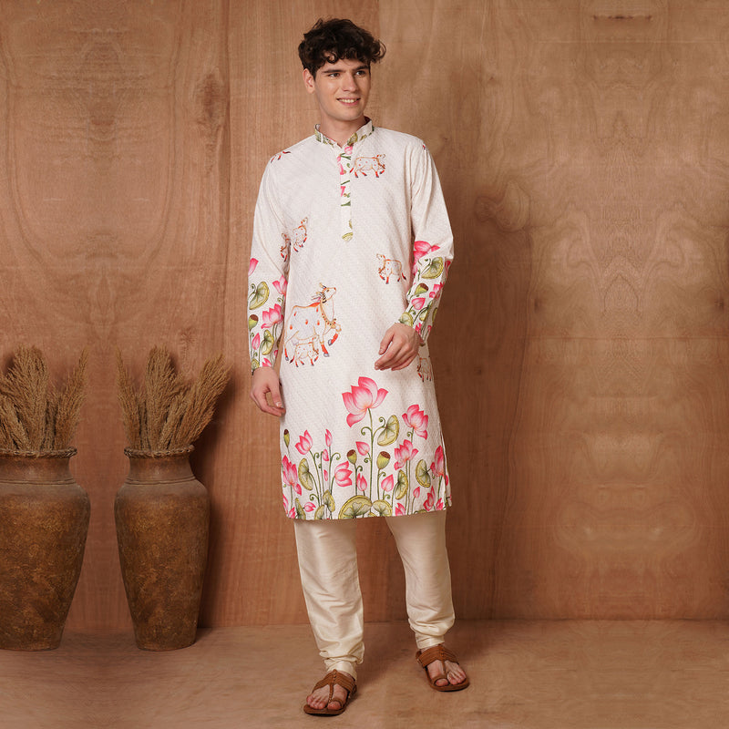 Men’s Cream Chikankari Cow & Lotus Print Kurta 7