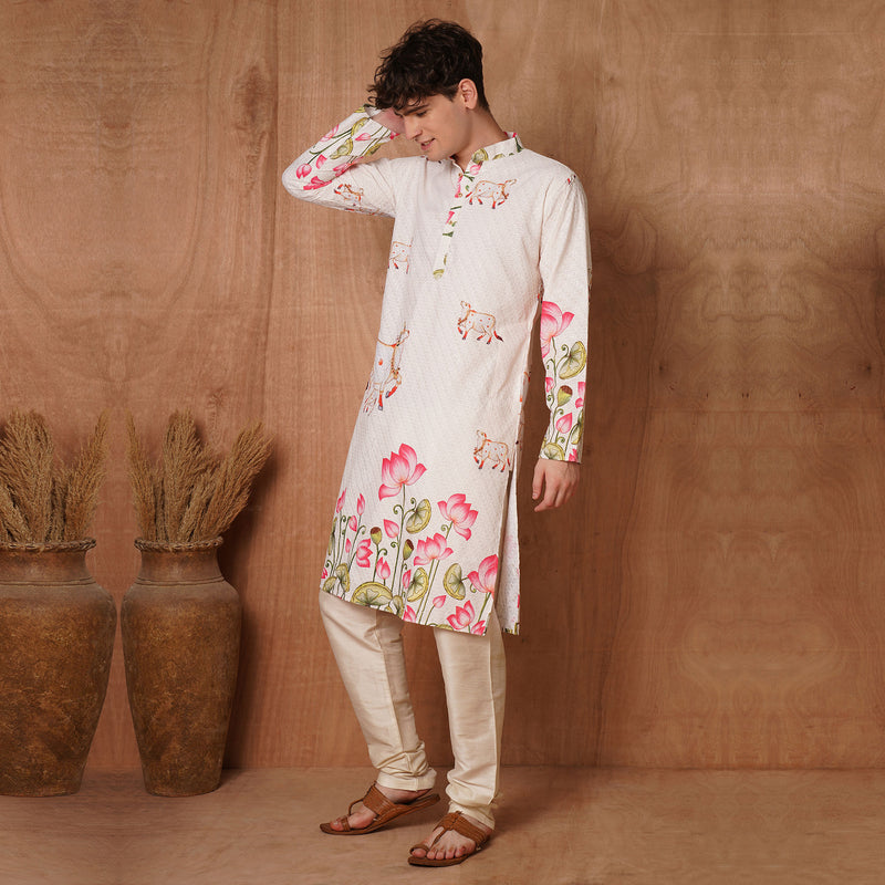 Men’s Cream Chikankari Cow & Lotus Print Kurta 6