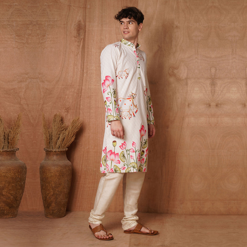 Men’s Cream Chikankari Cow & Lotus Print Kurta 5