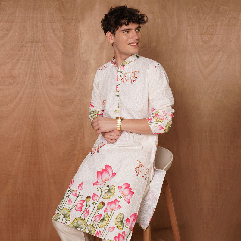 Men’s Cream Chikankari Cow & Lotus Print Kurta 3
