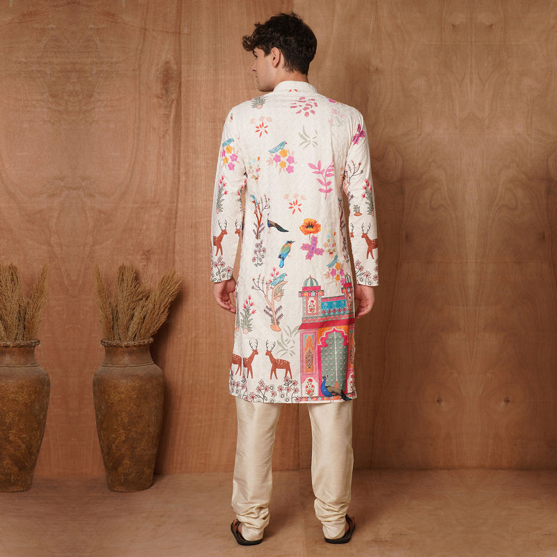 Men’s Cream Chikankari Mughal Print Cotton Kurta 7