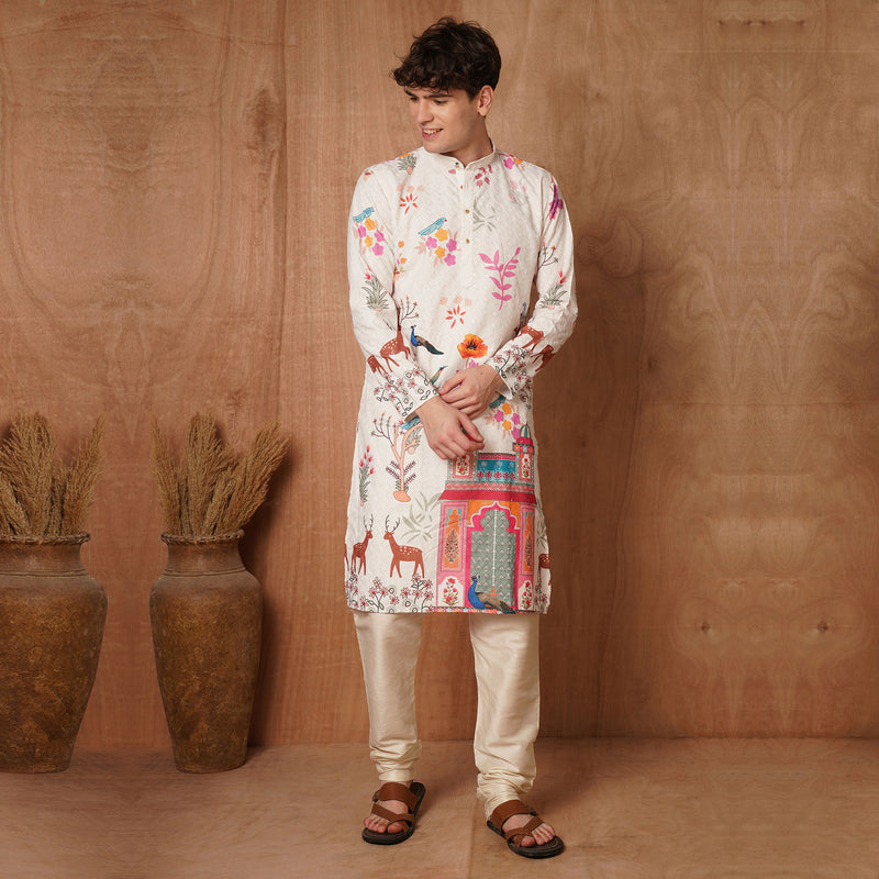 Men’s Cream Chikankari Mughal Print Cotton Kurta 6