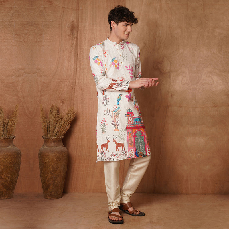 Men’s Cream Chikankari Mughal Print Cotton Kurta 4