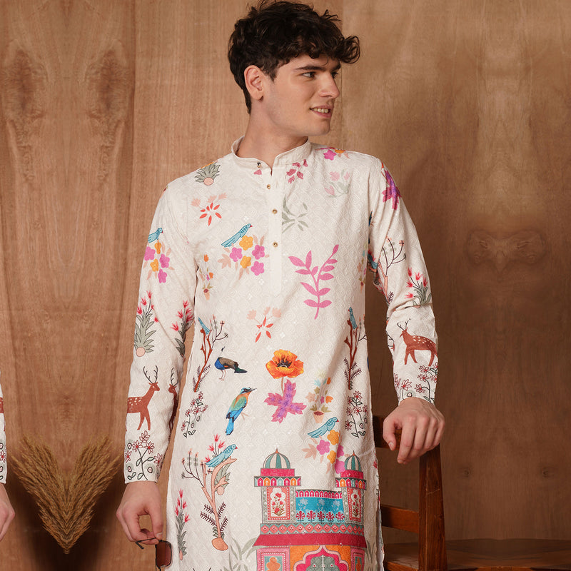 Men’s Cream Chikankari Mughal Print Cotton Kurta 8