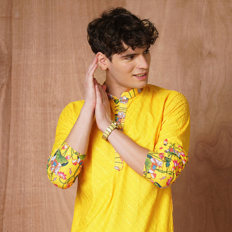 Men’s Yellow Floral Printed Kurta 8