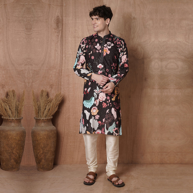 Men’s Black Tiger & Floral Printed Kurta 5
