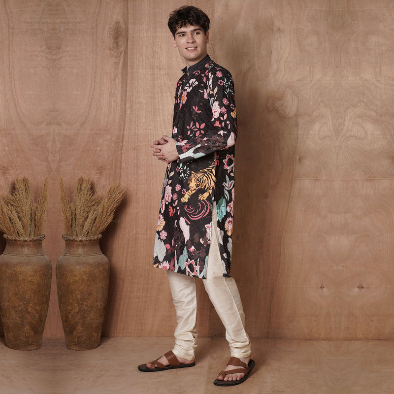 Men’s Black Tiger & Floral Printed Kurta 7