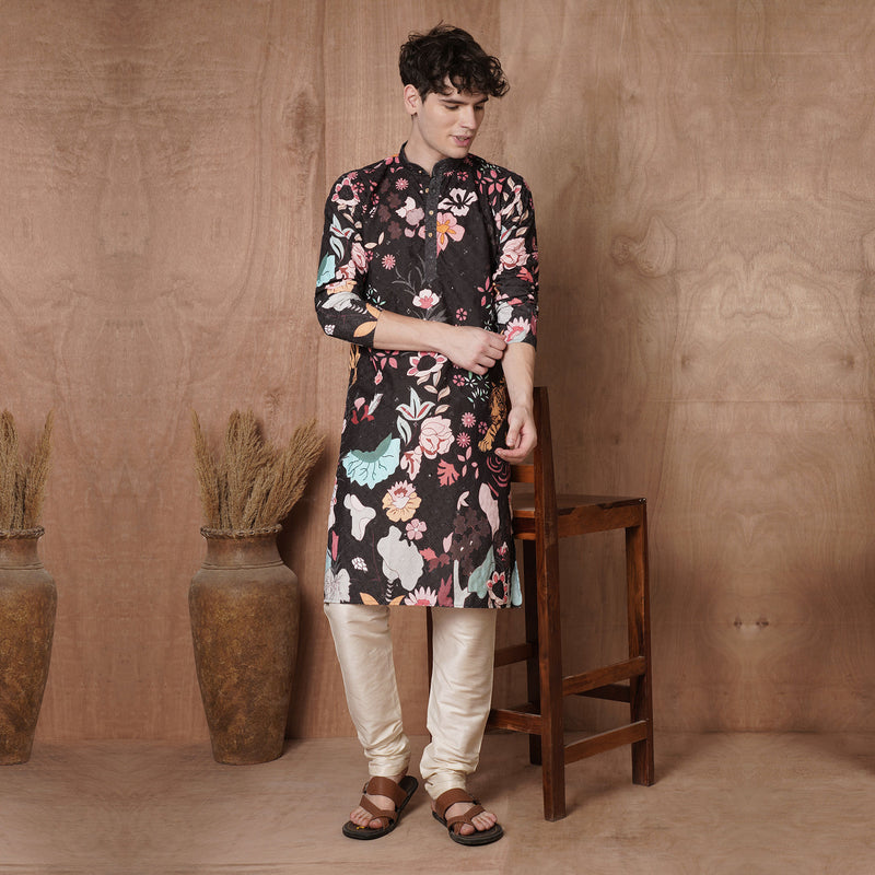 Men’s Black Tiger & Floral Printed Kurta 3