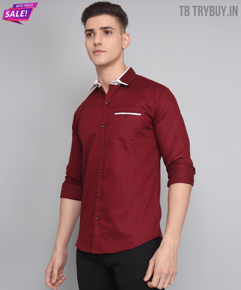 Maroon Mandarin Collar Cotton Shirt for Men 9