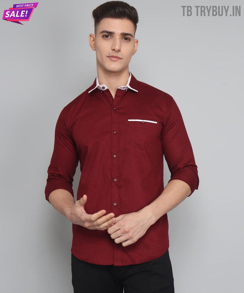 Maroon Mandarin Collar Cotton Shirt for Men 5