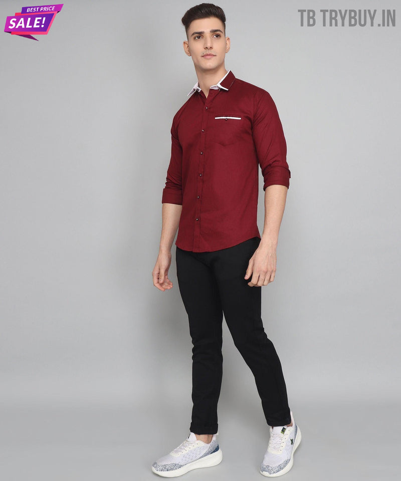 Maroon Mandarin Collar Cotton Shirt for Men 4