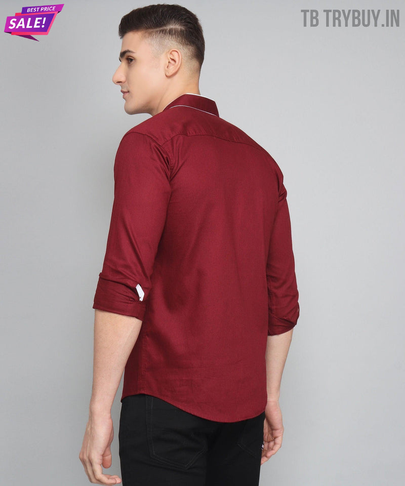 Maroon Mandarin Collar Cotton Shirt for Men 8
