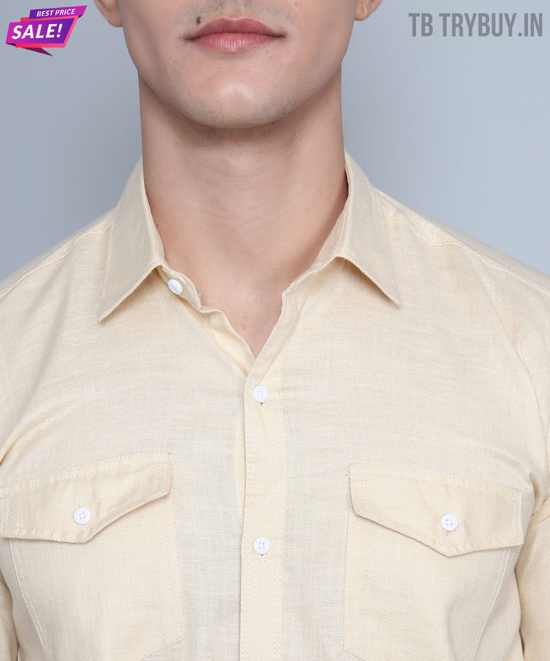 Cream Double Pocket Cotton Linen Shirt for Men - TB_76_TP 3