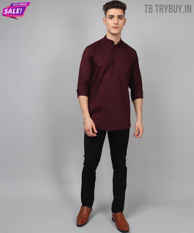 Men’s Wine Red Regular Fit Cotton Kurta 5