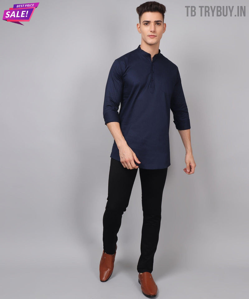 Men’s Navy Blue Regular Fit Cotton Kurta 5