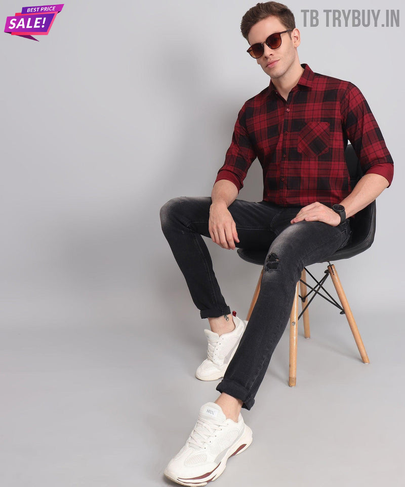 Black Red Checked Cotton Shirt for Men 6