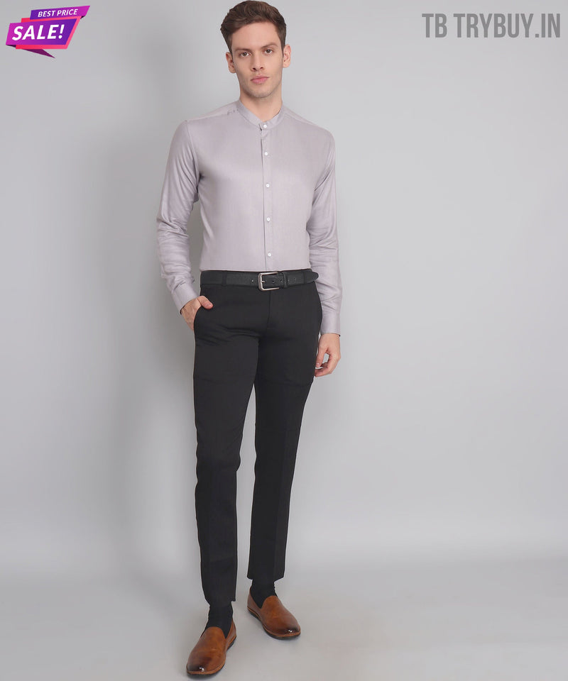Silver Mandarin Collar Cotton Shirt for Men 3