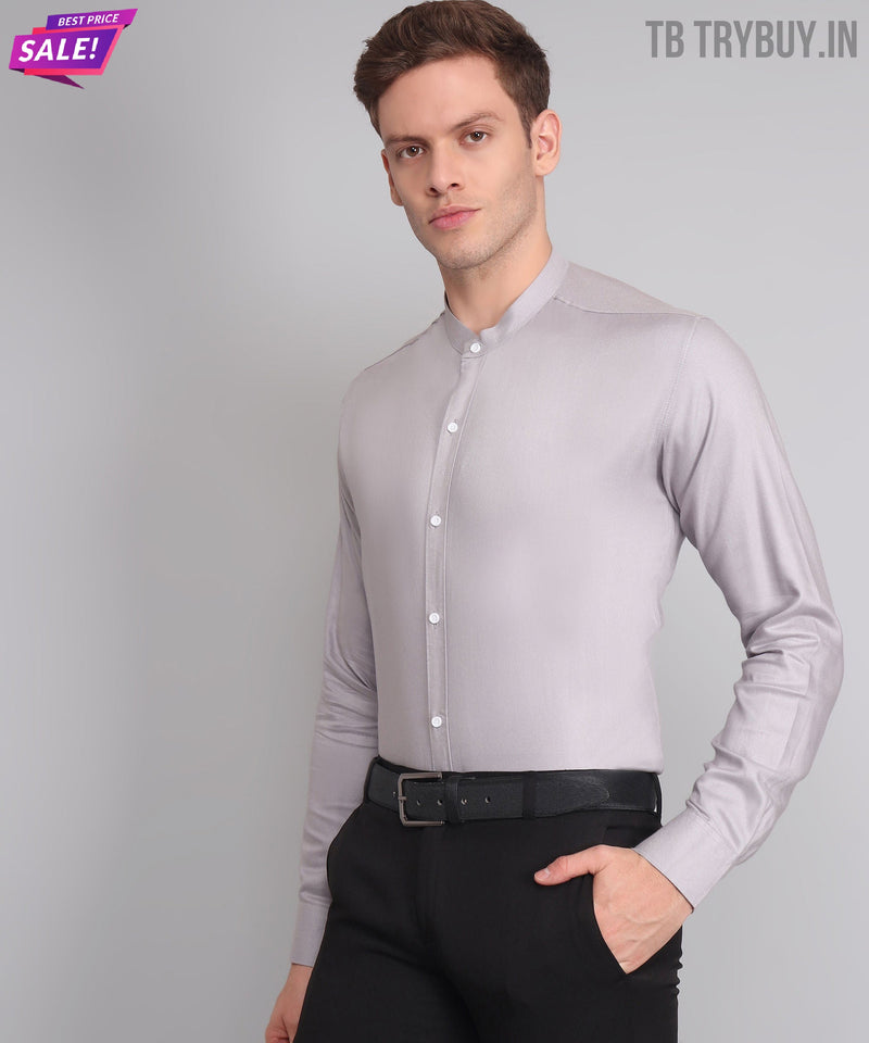Silver Mandarin Collar Cotton Shirt for Men 7