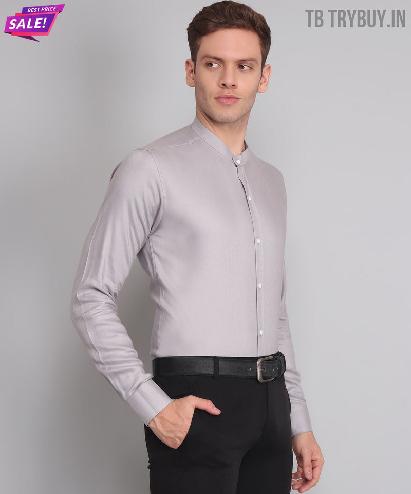 Silver Mandarin Collar Cotton Shirt for Men 6