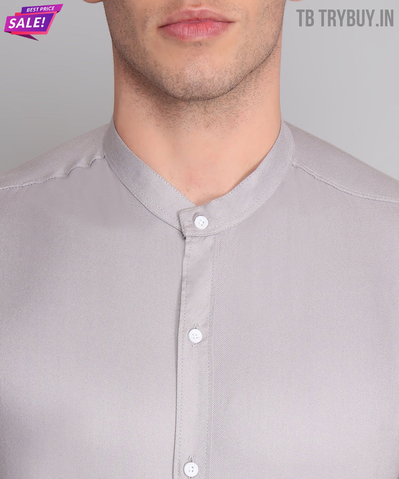 Silver Mandarin Collar Cotton Shirt for Men 5