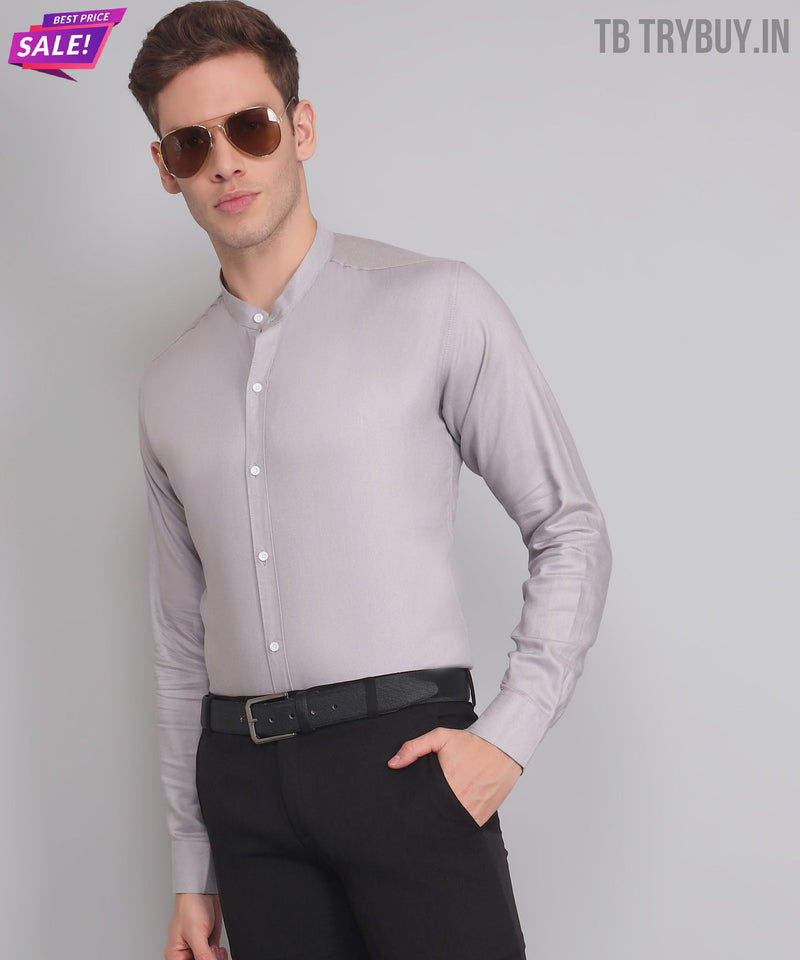 Silver Mandarin Collar Cotton Shirt for Men 8