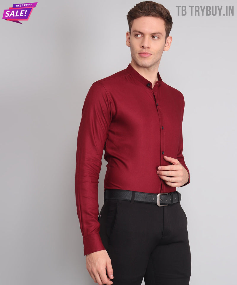Maroon Stand Collar Cotton Shirt for Men 7