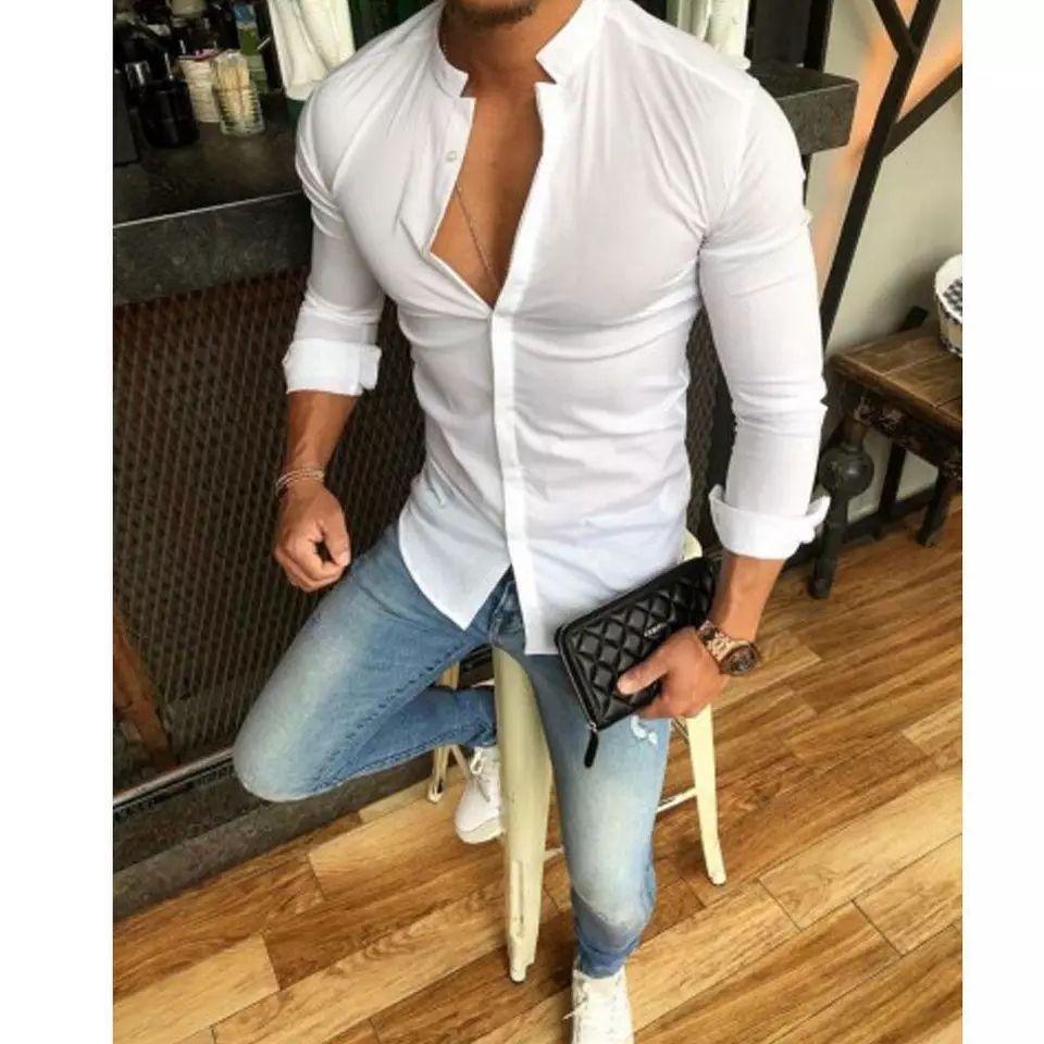 White cotton Mandarin collar shirt for men