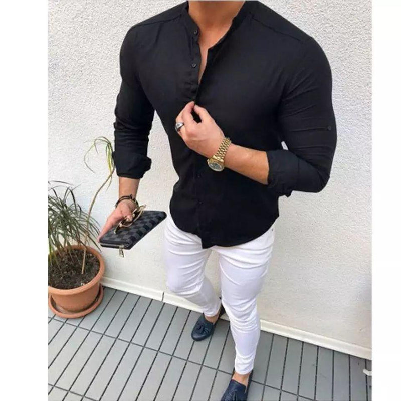 Black Mandarin Collar Cotton Shirt for Men 1