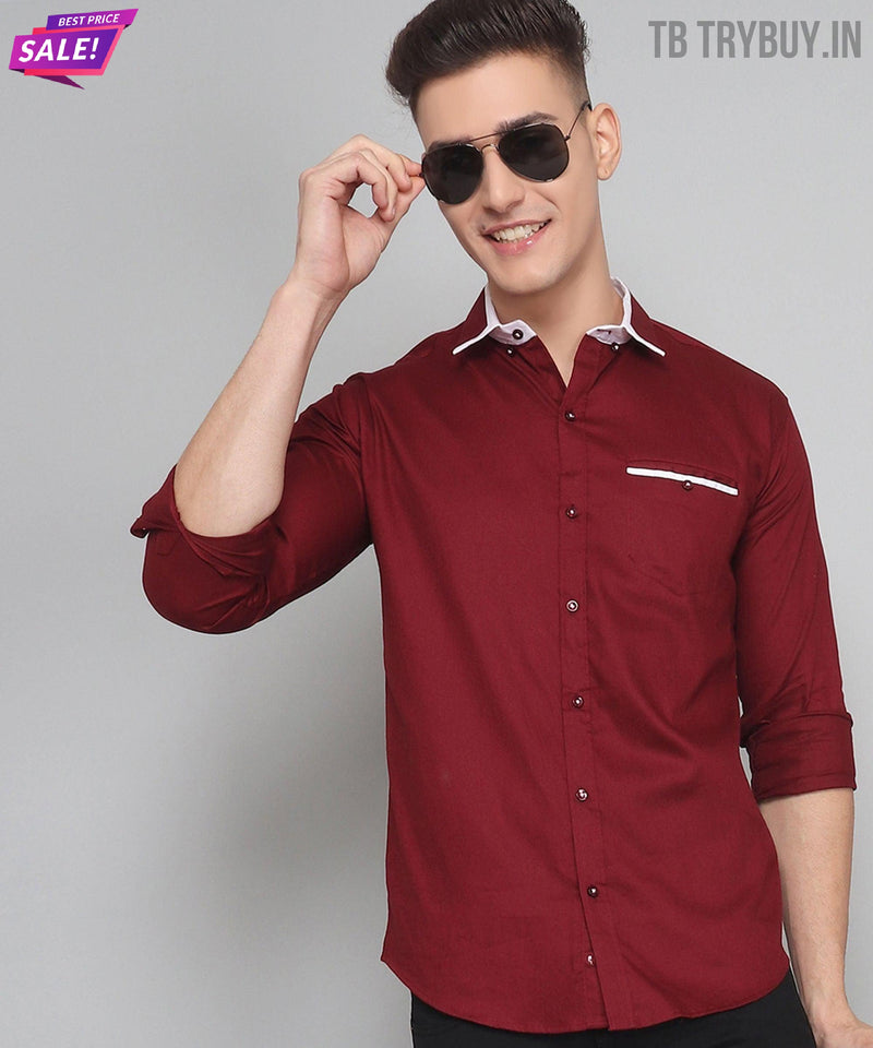 Maroon Mandarin Collar Cotton Shirt for Men 2