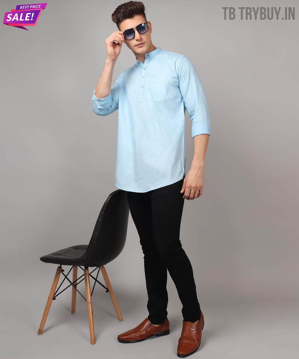 TRYBUY Men’s Sky Blue Regular Fit Cotton Kurta — catalog image