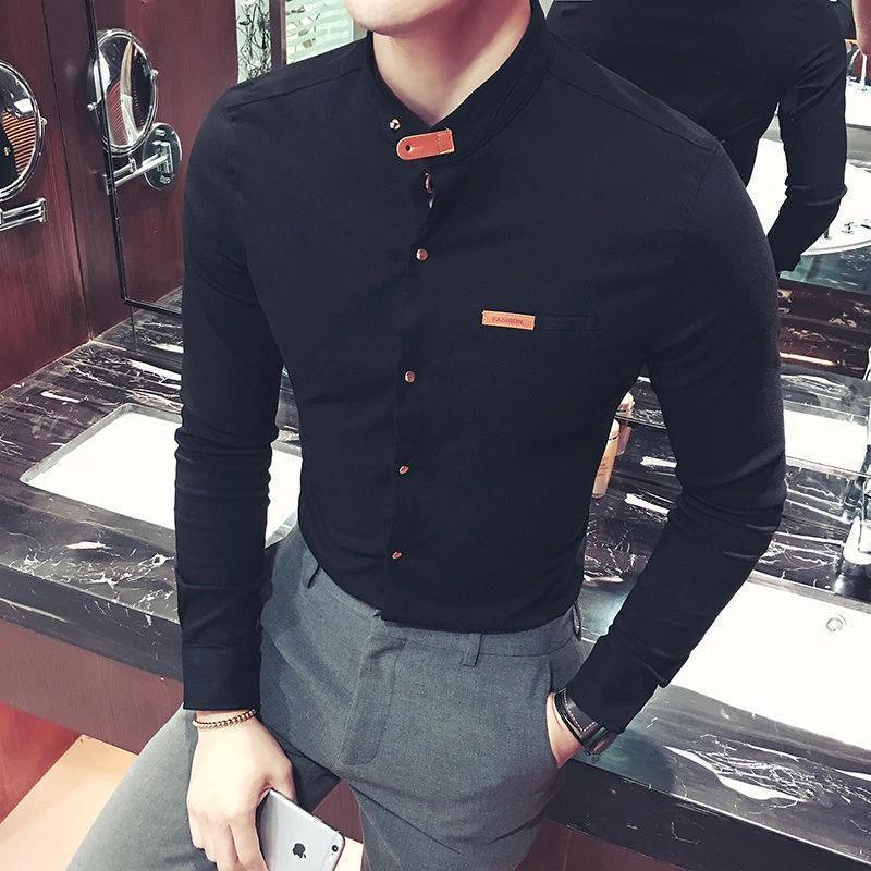Black stand-collar shirt for men