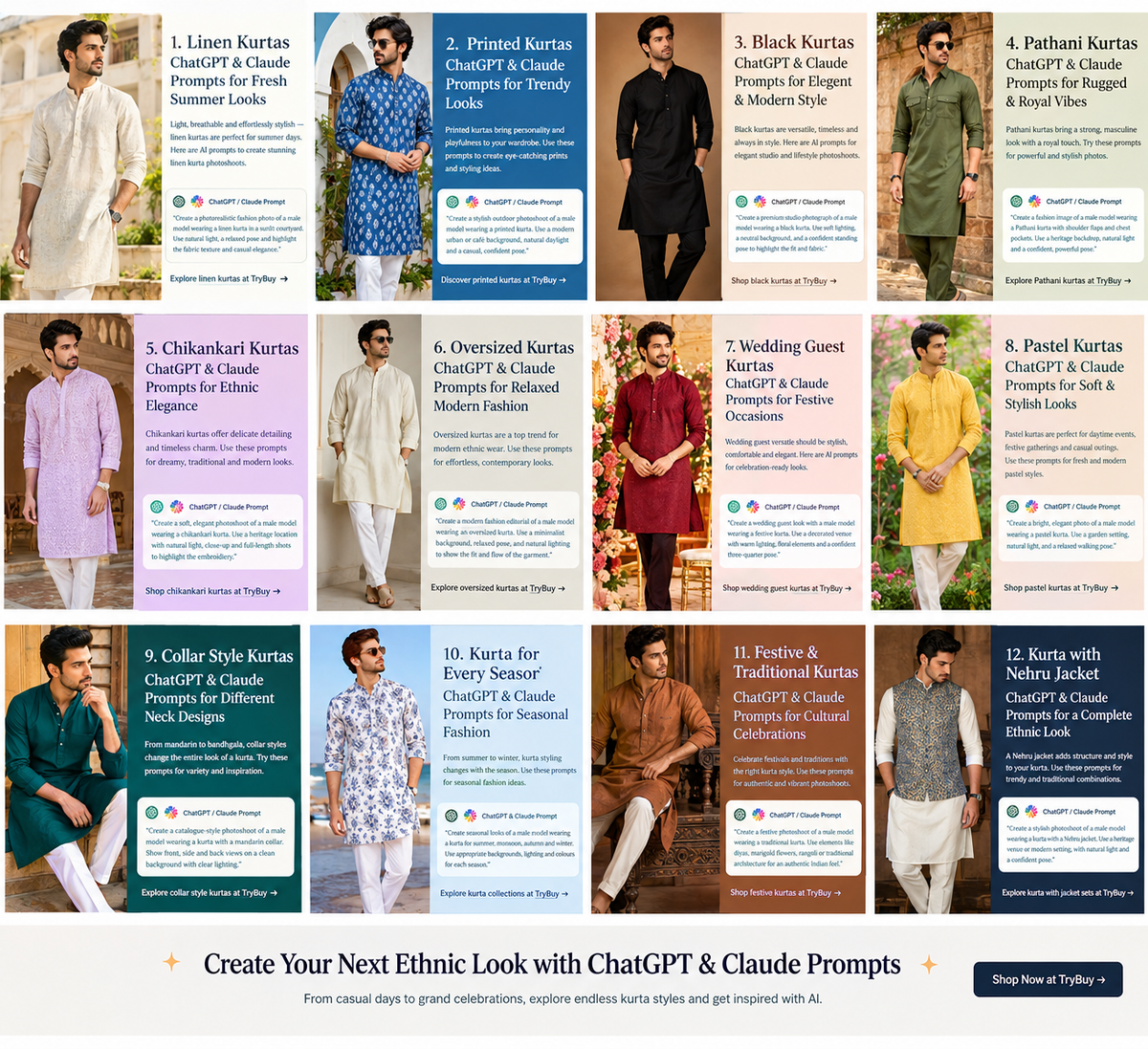Men's kurta fashion collage with ChatGPT and Claude prompt ideas — 12 ChatGPT and Claude Prompts for Men's Linen Kurta Photoshoots