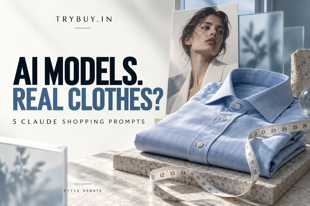 AI-generated editorial cover with a blue shirt, measuring tape and fashion portrait, titled AI Models. Real Clothes?