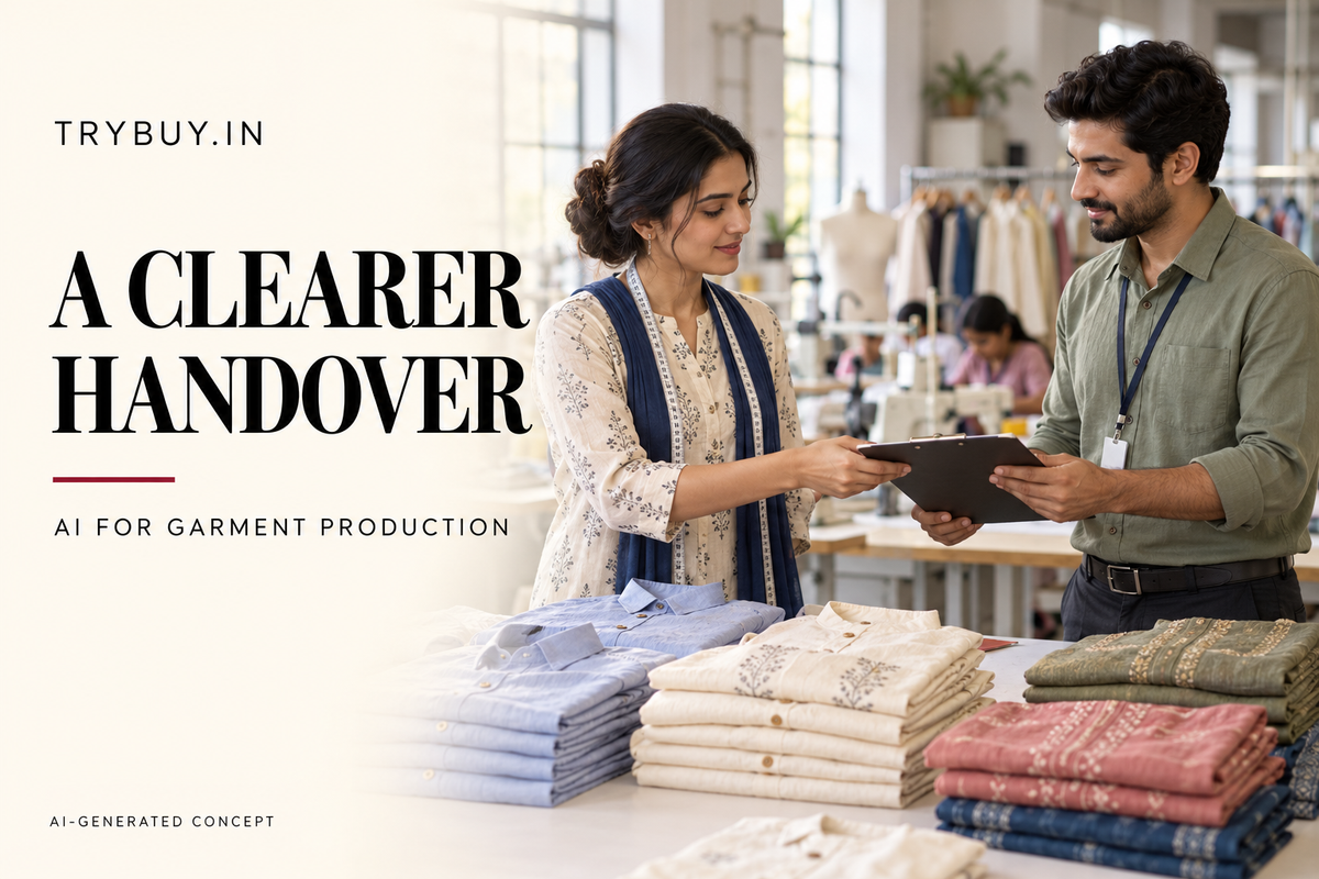 AI-generated garment supervisors exchanging a clipboard beside folded clothes; text: A Clearer Handover.