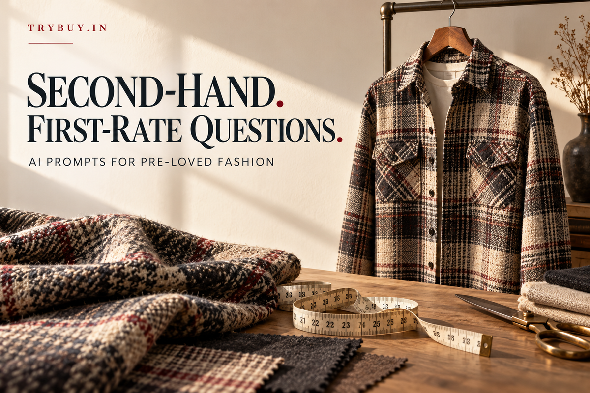 AI-generated checked shirt cover reading Second-Hand. First-Rate Questions.