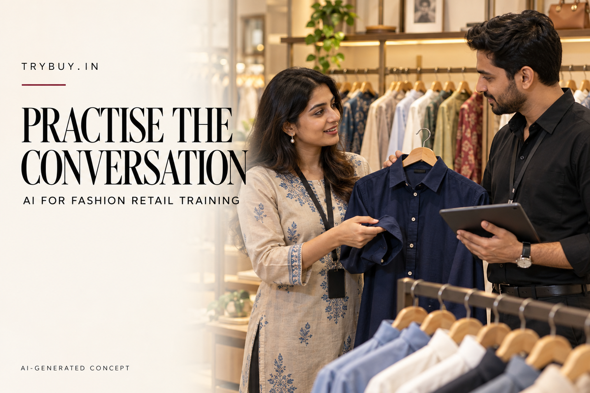 AI-generated retail colleagues discussing a navy shirt; text: Practise the Conversation.