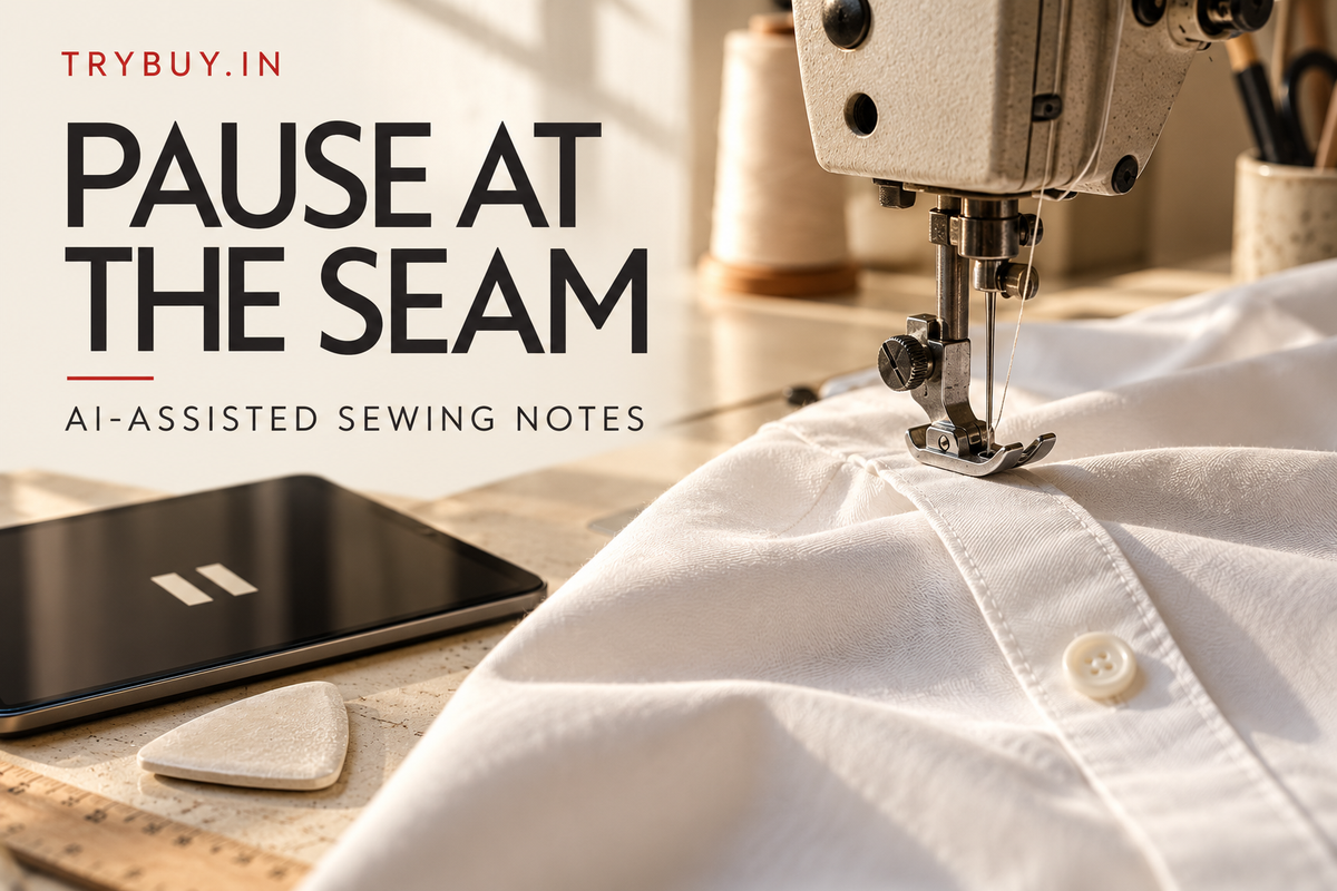 AI-generated sewing workstation cover with the headline Pause at the Seam.